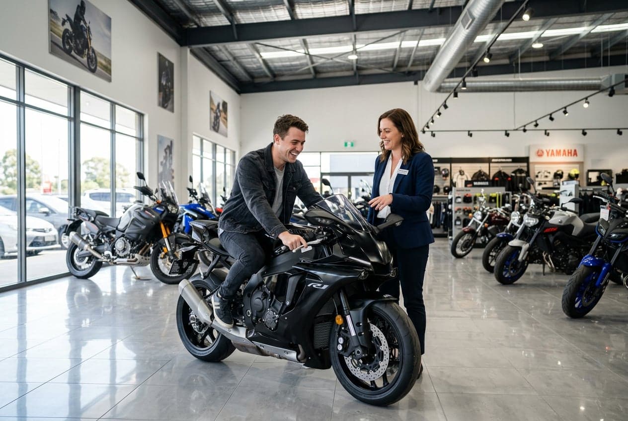 Customer testing a motorcycle at Japanese Bike Depot showroom